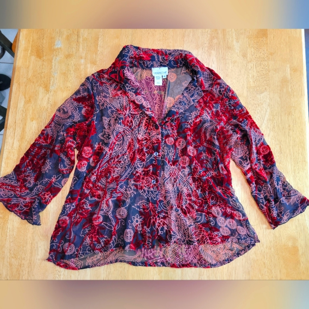EUC Coldwater Creek red and black sheer button down blouse top